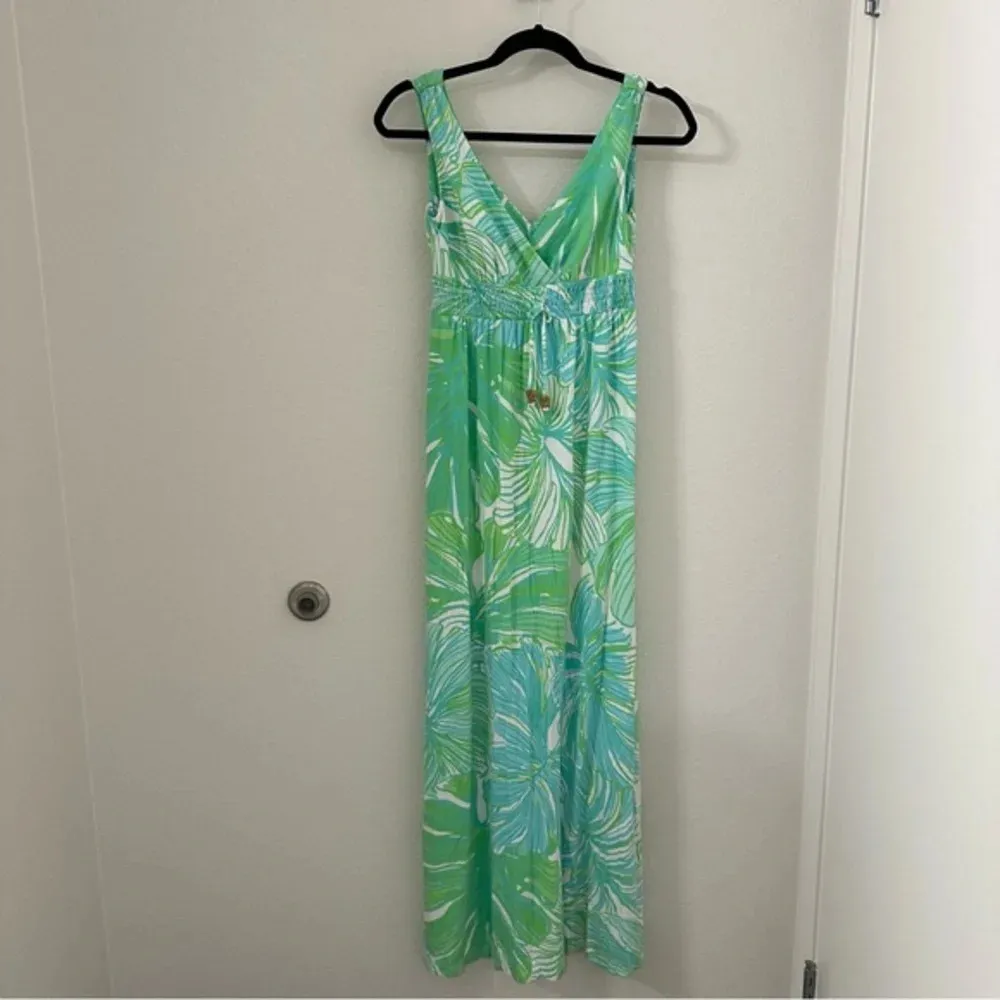 Lilly Pulitzer Isla Green Sheen Fronds Place Tassel Tie Jersey Long Maxi Dress - Image 5