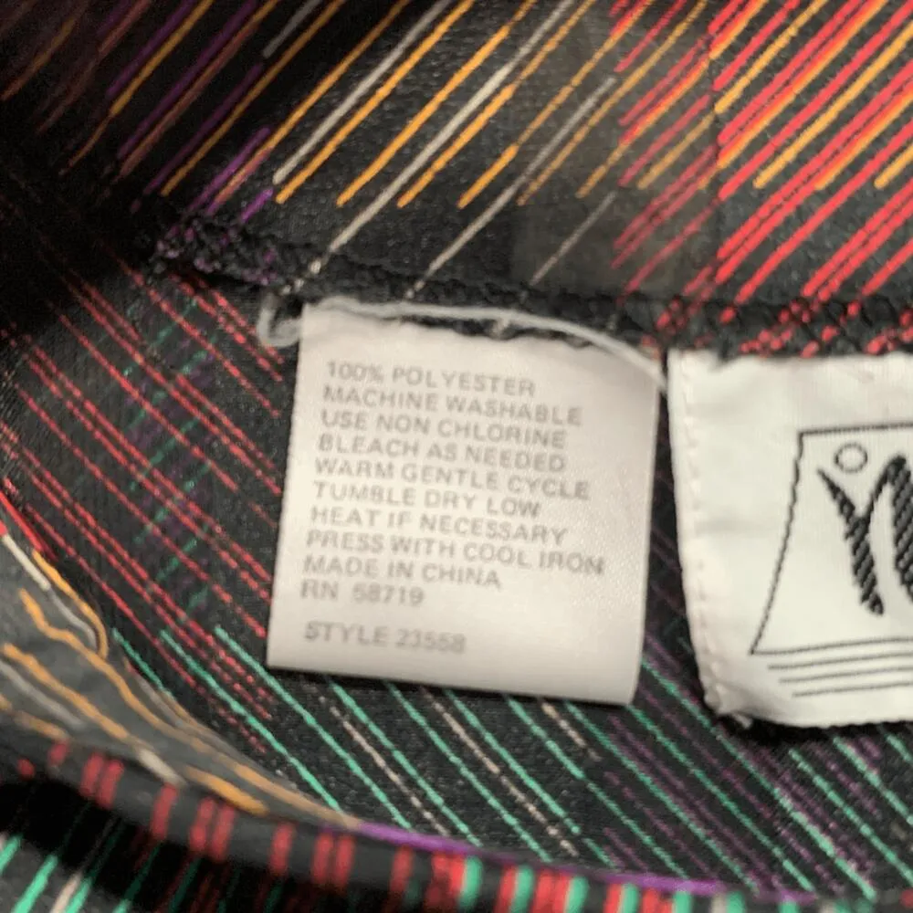 Vintage Notations Multicolor Plaid Blouse Satin Button Shoulder Long Sleeve Black Size 14 - Image 7