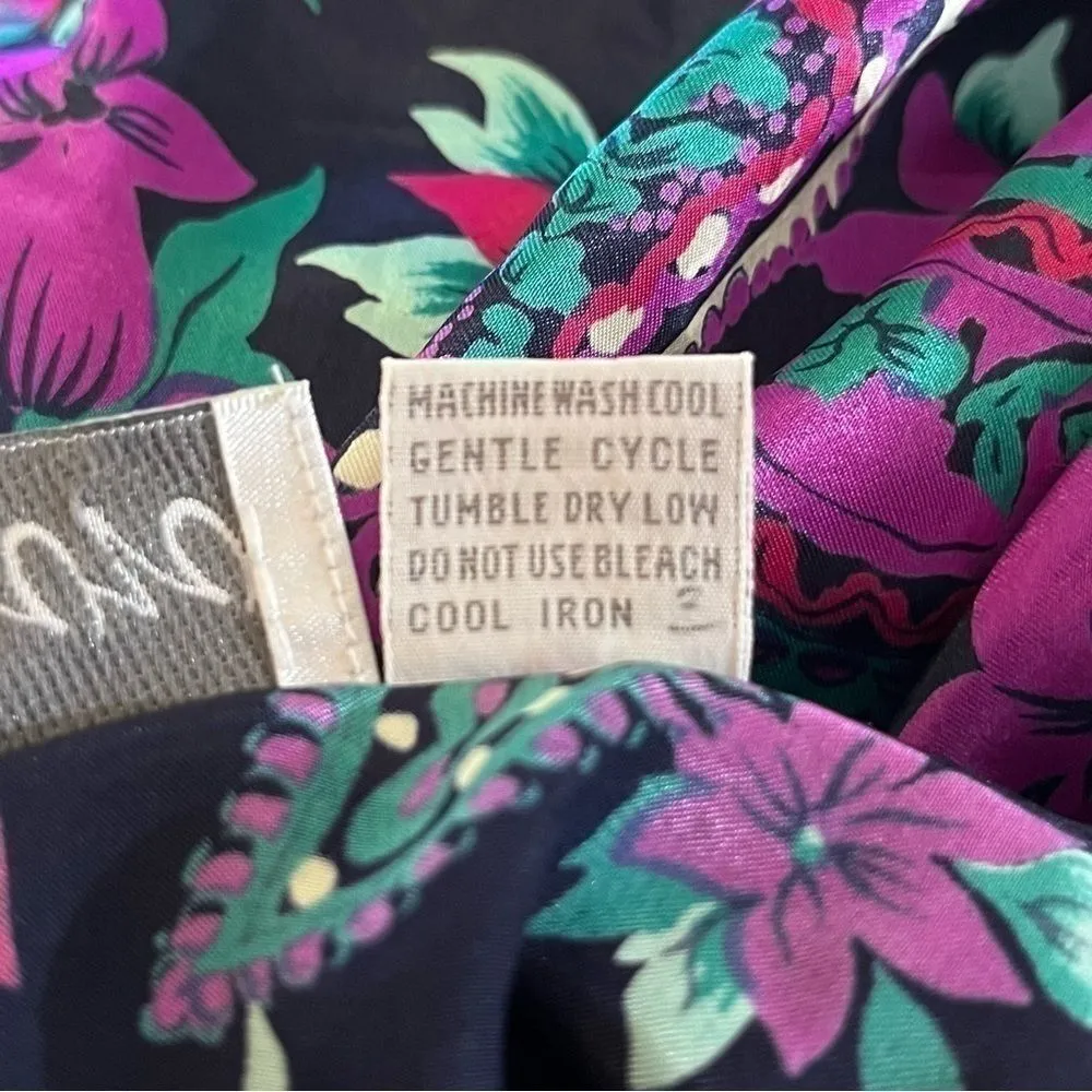 Vintage 90s Tesoro Satin Paisley Blouse Jewel Tone Floral Print Button Down S Black - Image 4