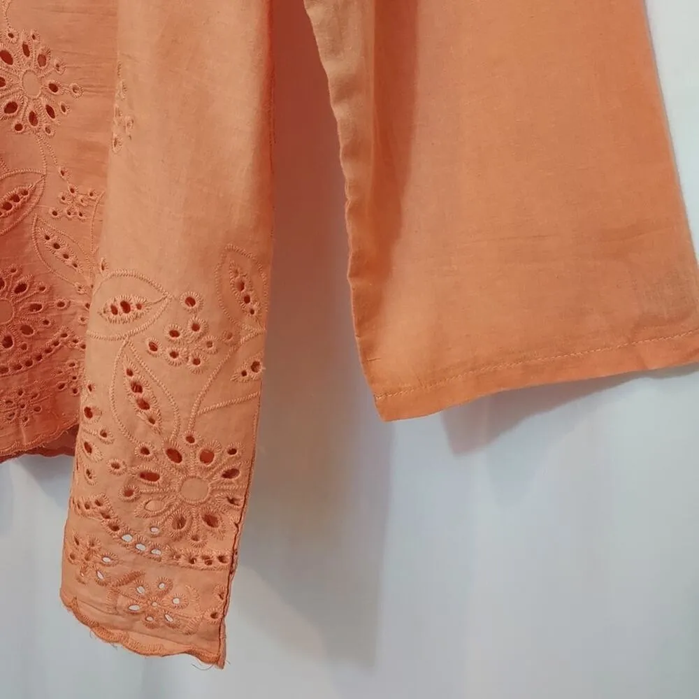 Light Pink Orange Floral Eyelet Lace Long Sleeves Tunic Top Shirt Blouse Size XXL - Image 8