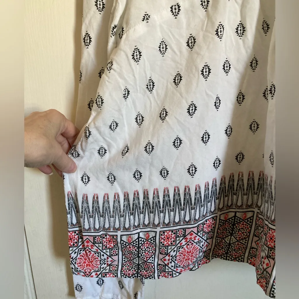 🌞Roxy V Neck White Boho Print Tie Back Keyhole Long Sleeve Flowy Blouse #Gr - Image 8