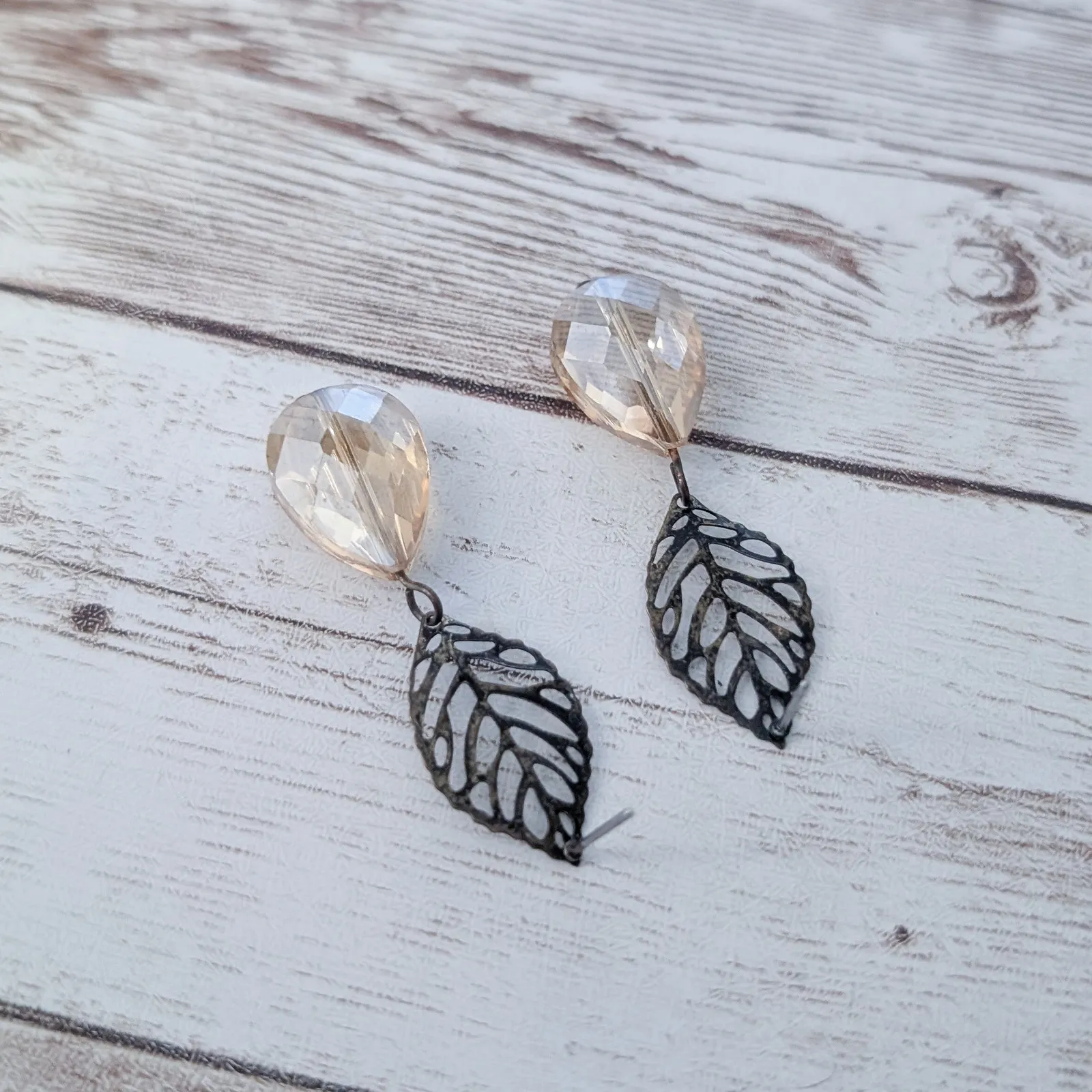 Vintage Stud Earrings Leaf with Large Faceted Gem Dangle - Image 4