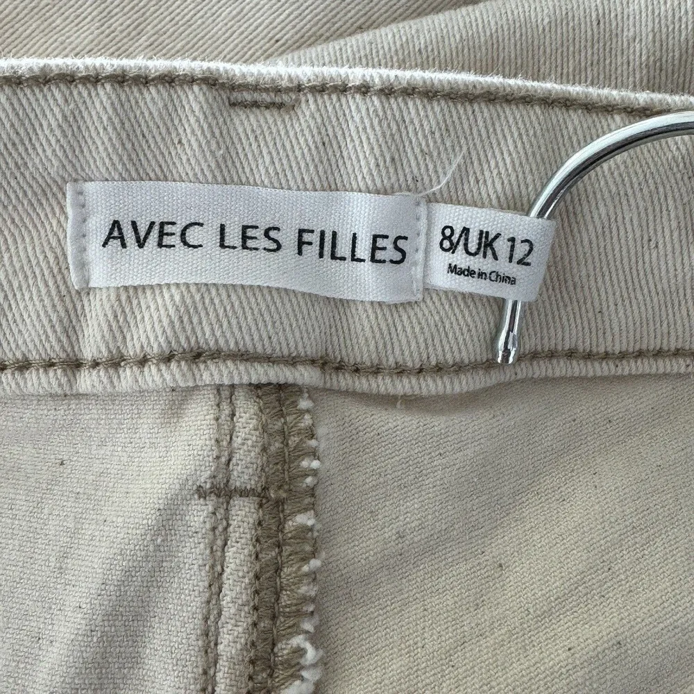 Avec Les Filles SZ 8 Wide Leg Pleated Crop Jeans Stretch Hi-Rise Zip-Fly Cream - Image 7