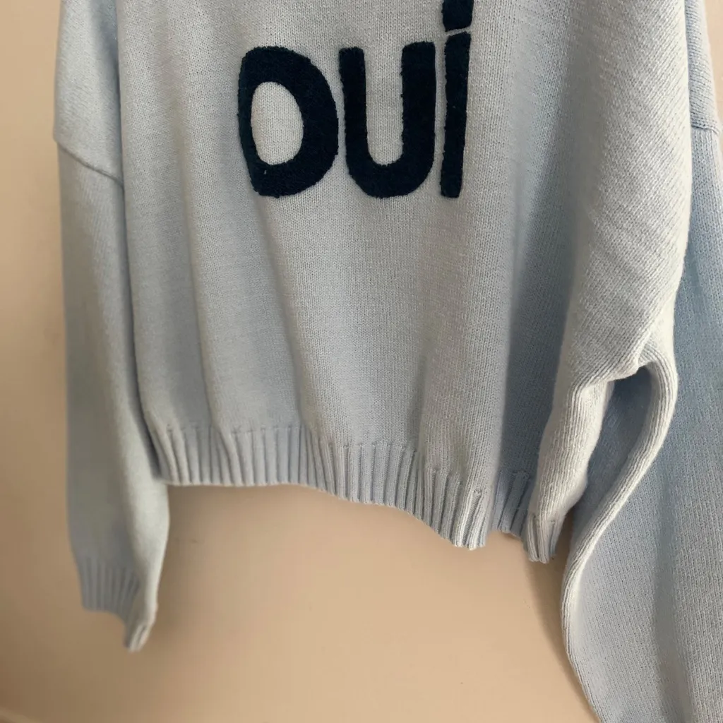 Sincerely Jules OUI Cropped Sweater Size M Baby Blue Pastel Coquette Spell Out - Image 5