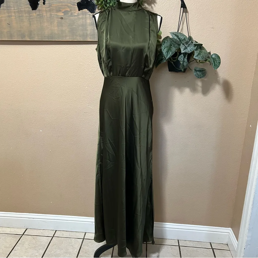Lulus Classic Elegance Olive Satin Sleeveless Mock Neck Maxi Dress Green Size M - Image 2