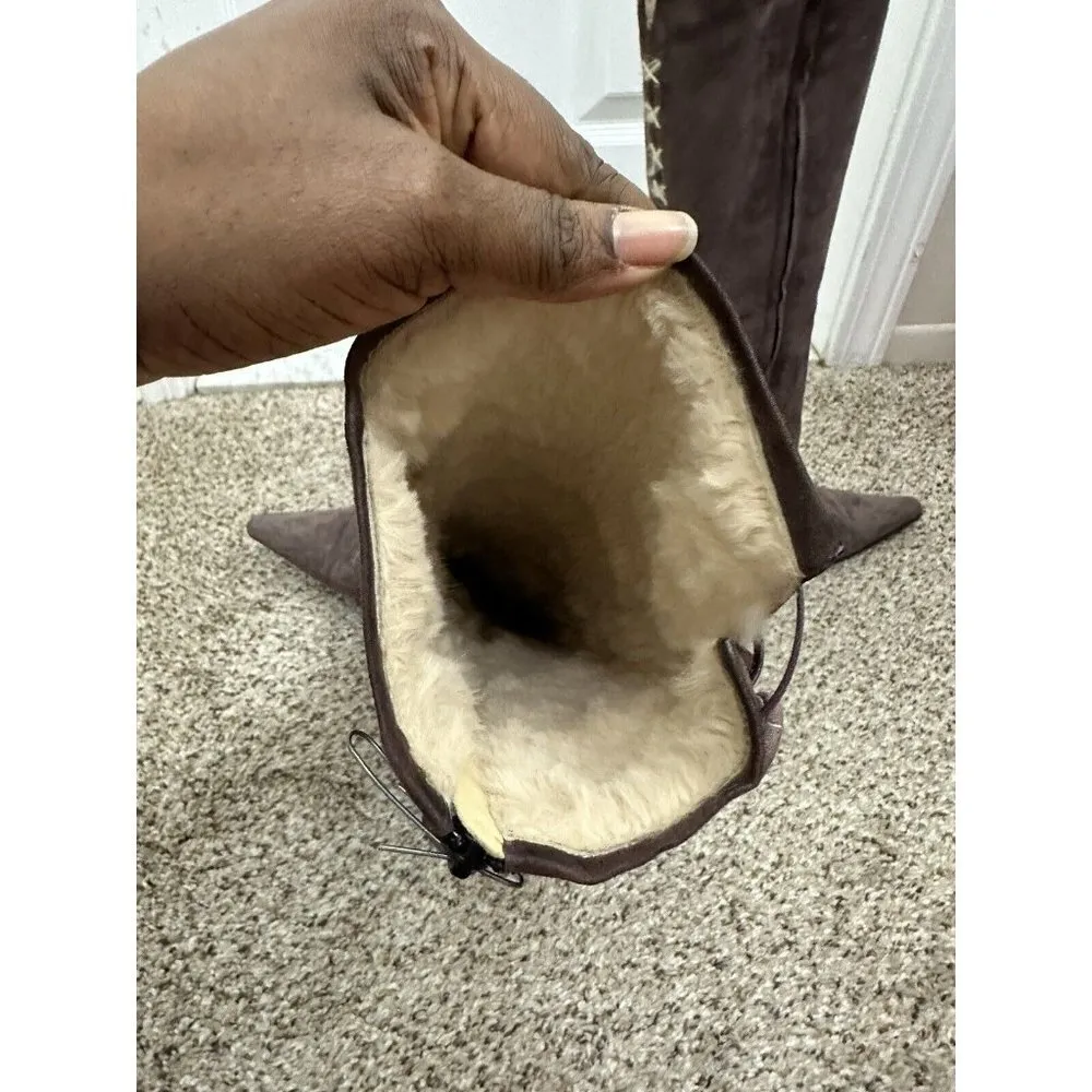 Vicini Made In Italy Tan Suede Faux Fur Lined Knee High Pointed Toe Boots Sz 8 - Image 13