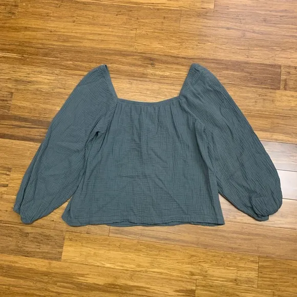 Cloth & Stone Gauze Blouse Womens Size Small Square Neck Long Sleeve Top Green‎ - Image 3