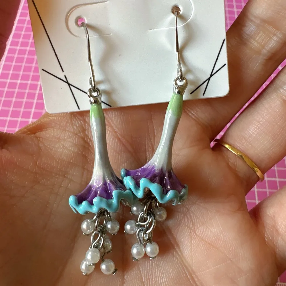 Aldo Earrings purple blue Morning Glory pearls Stamens tassel drops - Image 2