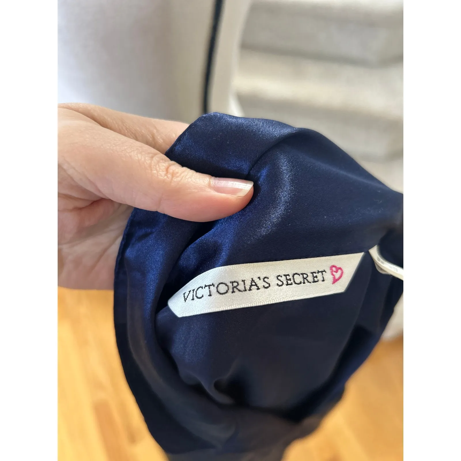 Victoria Secret Navy Satin Rose Applique Night Gown Sleep Dress - Image 2