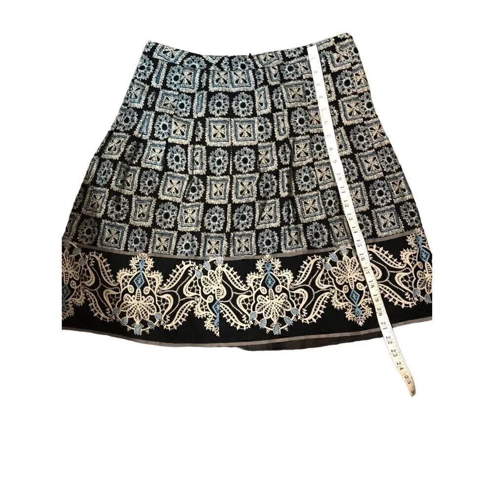 Loft black, white and blue fully lined wool blend boho print knee length skirt s - Image 8