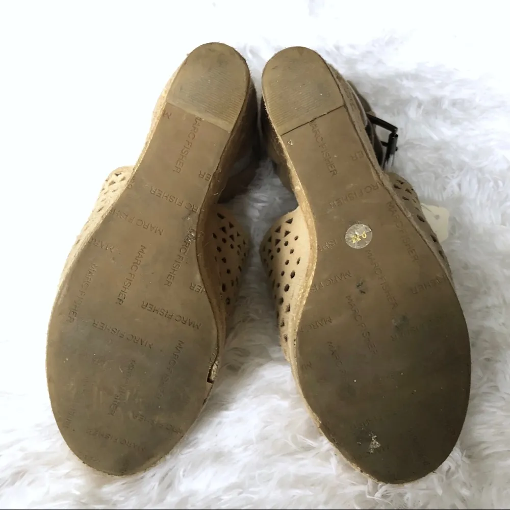 Marc Fisher Hasina Espadrille Suede Wedges 9 Tan Open Peep Toe Cutout Buckle - Image 4