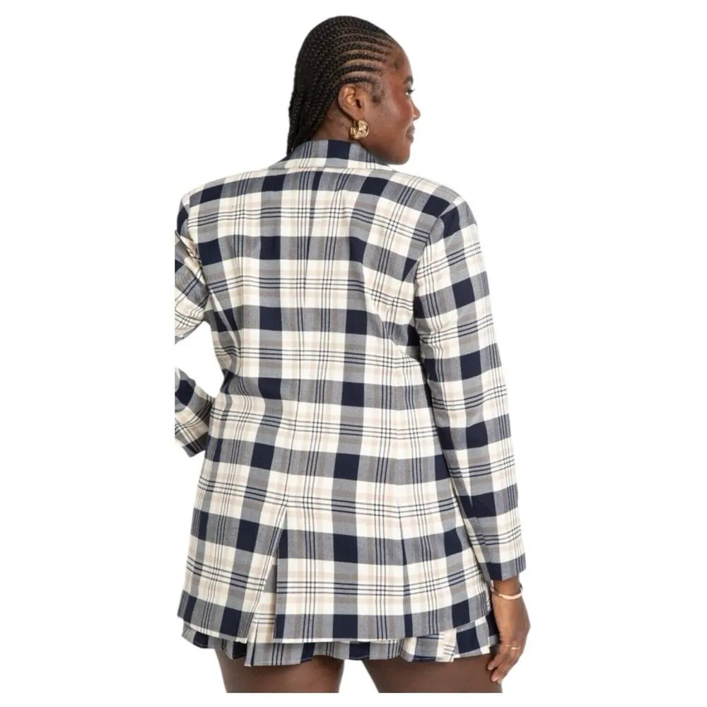 Eloquii Blazer Womens 14 Plaid Long Strong Shoulder One Button Career Blue - Image 13