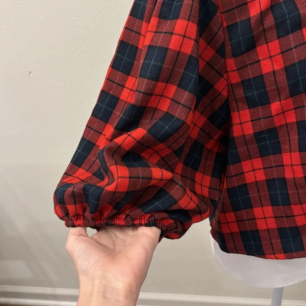 AQUA Plaid Crop Button Down Shirt Red Navy - Image 2