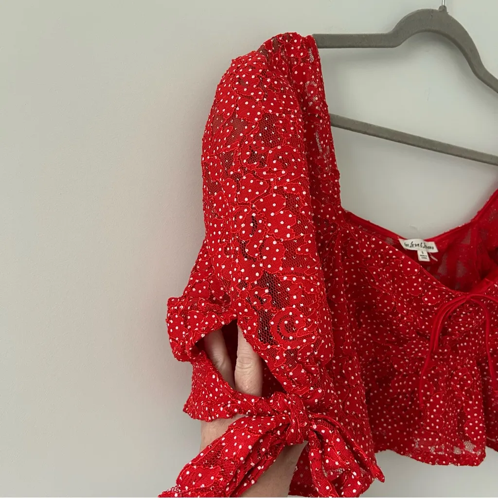 For Love & Lemons Leila Top Red White Lace Polka Dot Puffed Sleeves Crop Top S - Image 3