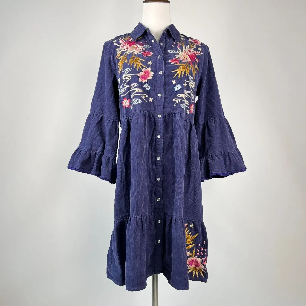 NWOT Johnny Was Emiko Tiered Embroidered Corduroy 3/4 Sleeves Dress Oversized S - Image 2