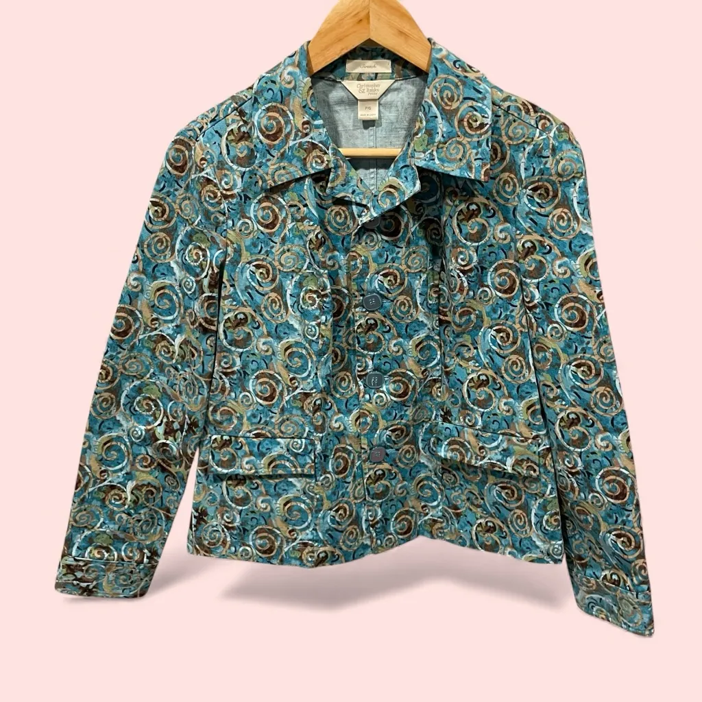 Cute aqua swirl cotton canvas jacket pockets chunky buttton front stretch - Image 2