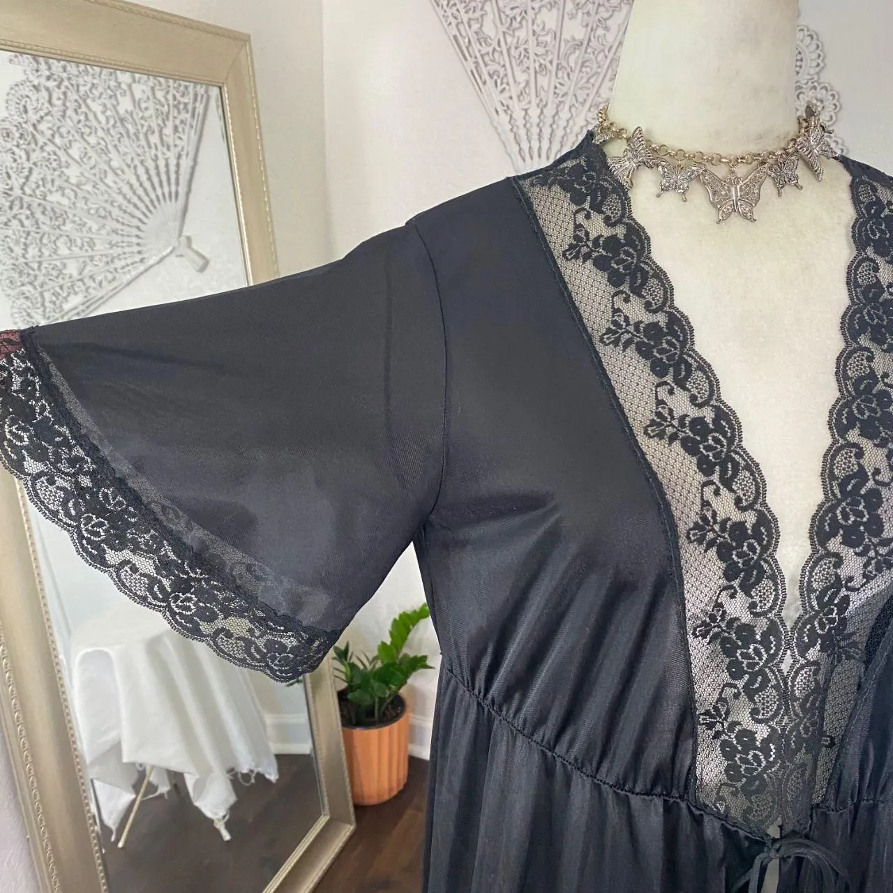 Vintage Glencraft Lingerie 1960 Union Made USA Black Lace Front Tie Duster L Size L - Image 5