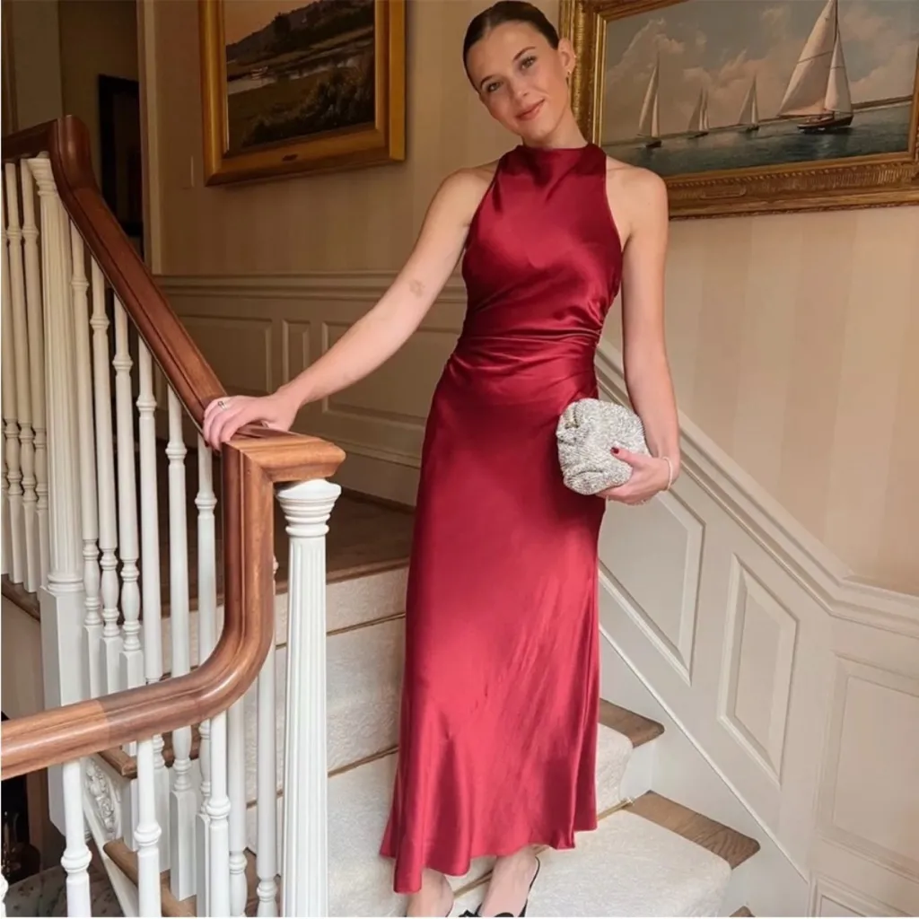 Reformation Cassette high neck cowl silk red dress sangre red NWT Size 6 formal - Image 16