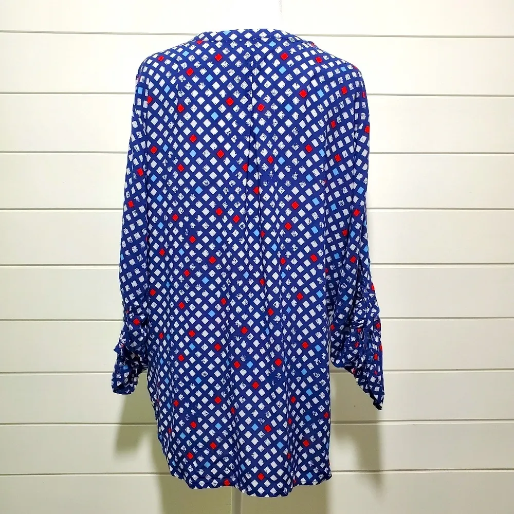 Grand & Greene Blouse Navy Blue Red White Lattice Print Roll Tab Cotton Size XL - Image 2