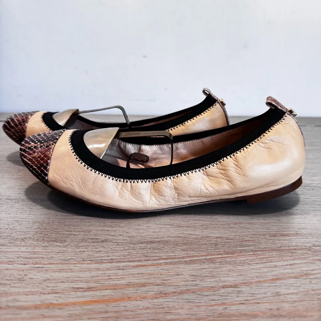 Louise Et Cie Elainne Tan & Snakeskin Leather Ballerina Ballet‎ Flats Size 8.5 - Image 3