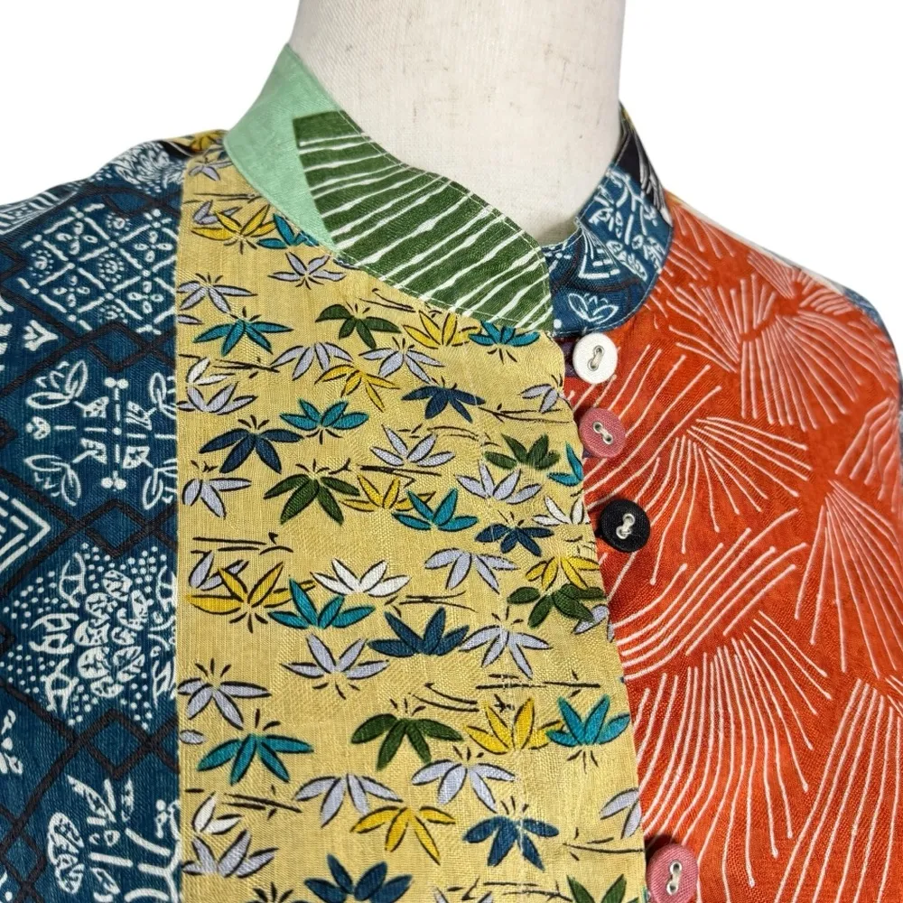 Citron Santa Monica Patchwork Asian Print Button Front Top - Image 4