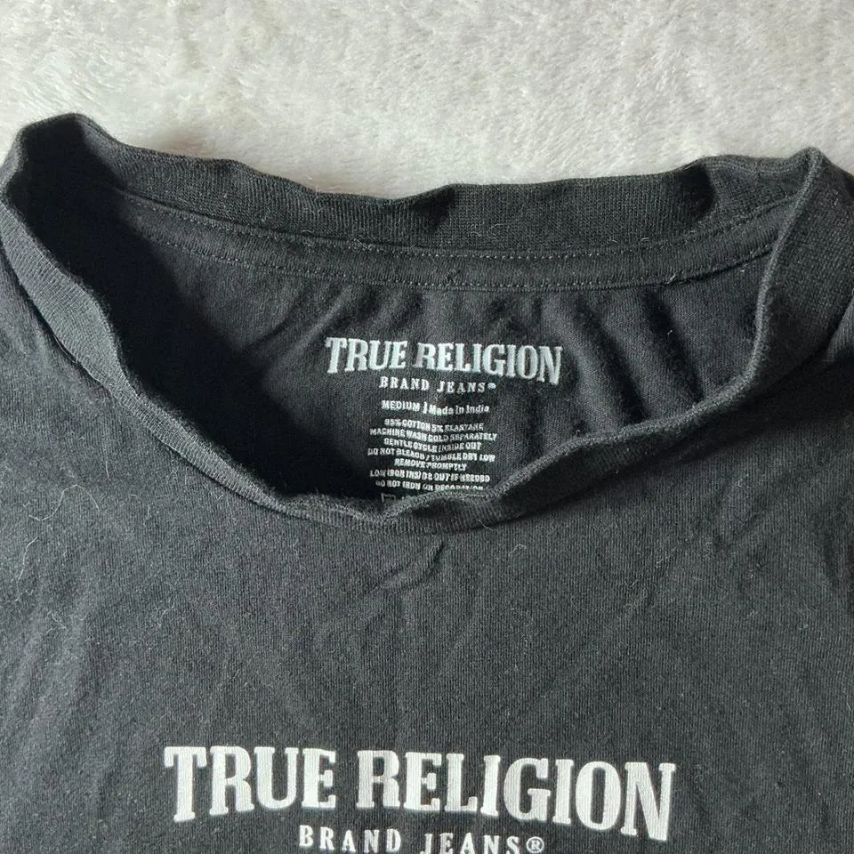 True Religion Brand Jeans Cropped Black‎ Graphic T-Shirt White Stitching - Image 3