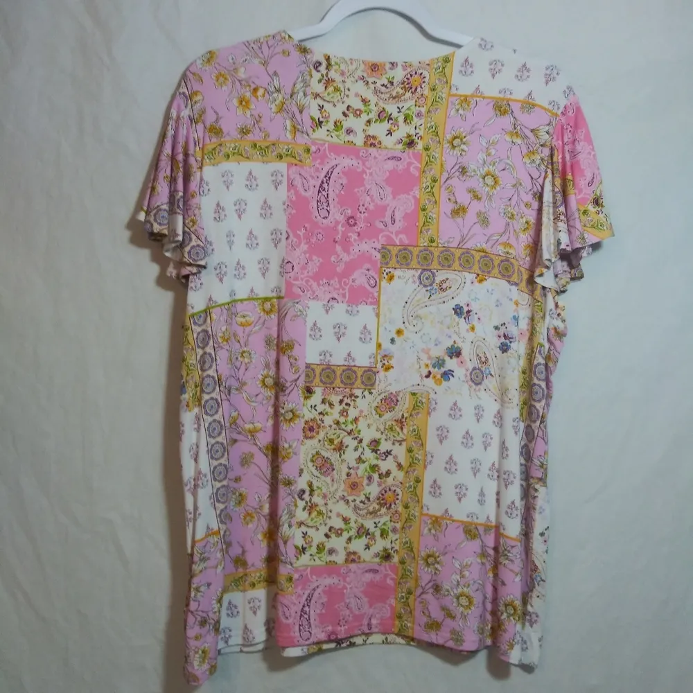 Counterparts Floral Patchwork Boho Ruffle Short Sleeve Top Size L - Image 7