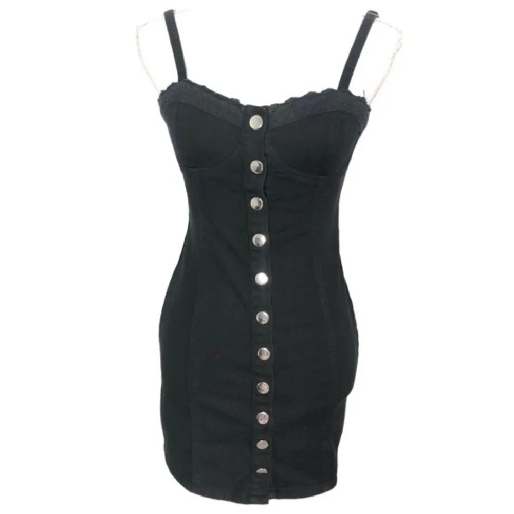 Forever 21 Black Lace Trim Button Front Denim Mini Dress - Image 40