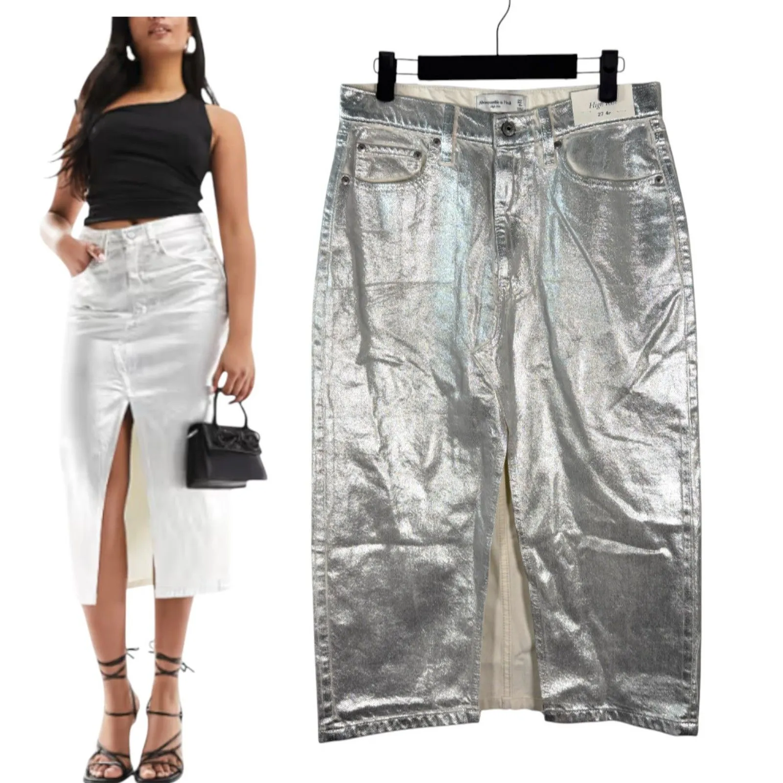 Abercrombie & Fitch High Rise Silver White Metallic Denim Midi Skirt 27 - 4 NEW - Image 2