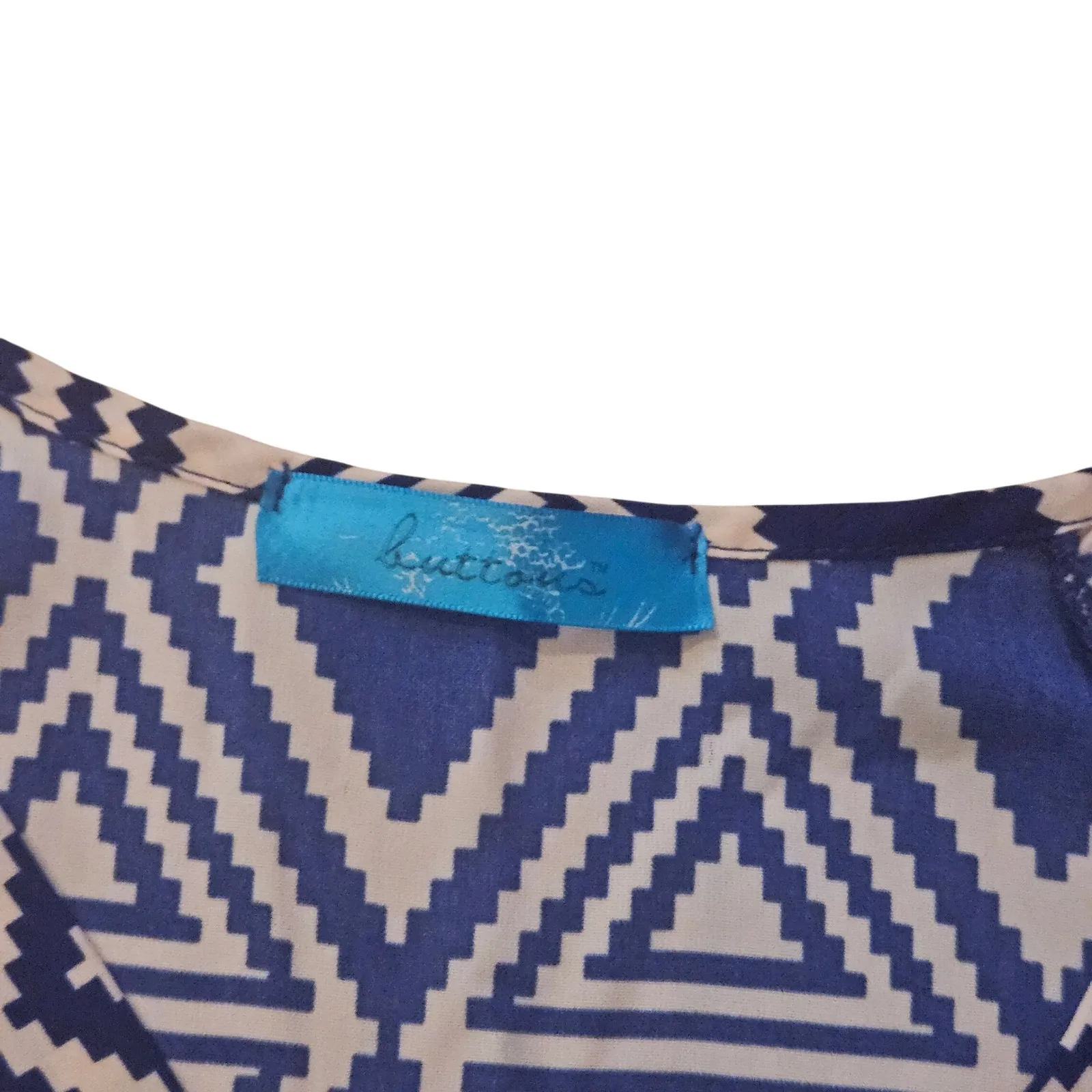 Buttons‎ Diamond Print Blouse Top Small Blue Beige Long Sleeve - Image 4