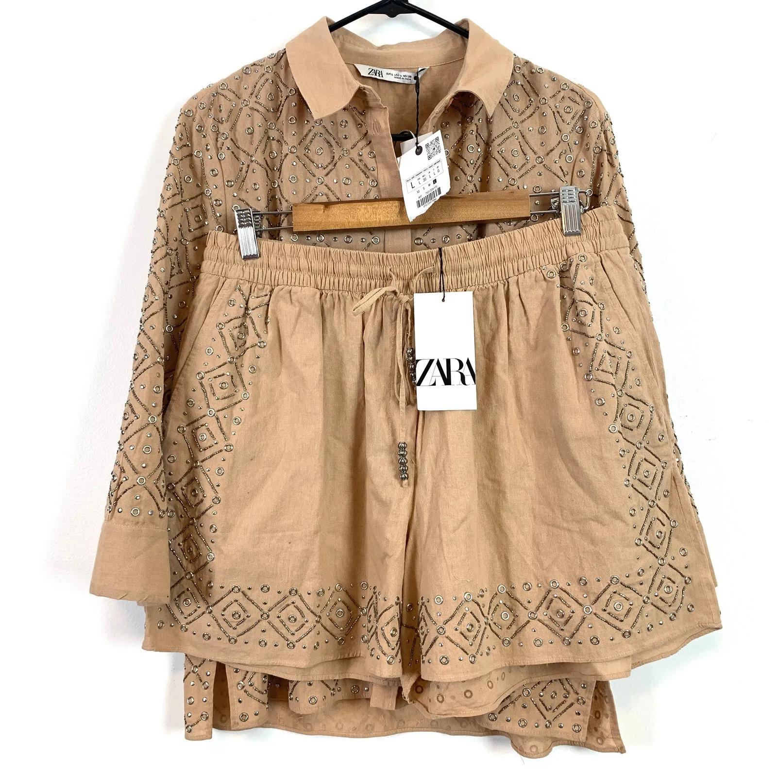 NWT SET Zara Beaded Embroidery Grommet Shirt Relaxed Short Two Piece Size L/XL - Image 8