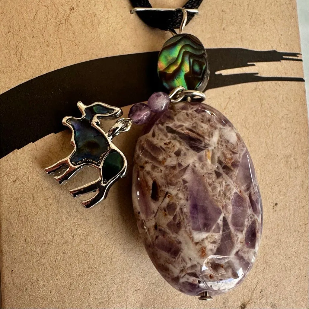 Medicine Stone Jewelry Amethyst Pendant Necklace w/ Abalone Accent & moose Char - Image 2