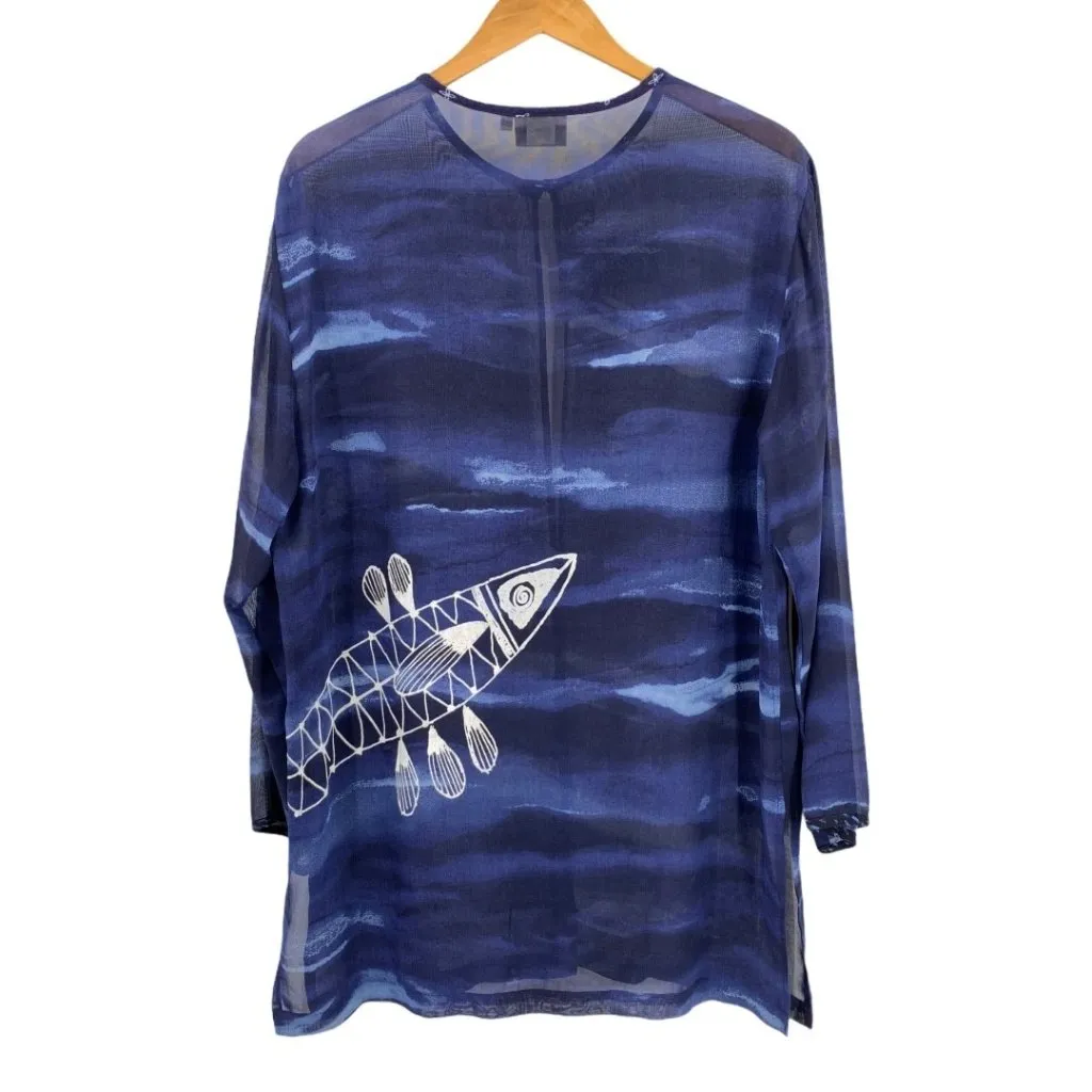 K.D. Spring Sheer Navy & White Batik Fish Print Jacket Artsy Rayon Crepe Size M Blue Size M - Image 6