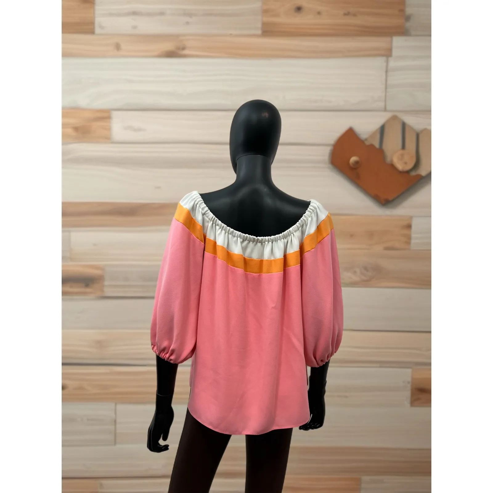 Trina Turk Off-Shoulder Blouse M – Colorblock Puff Sleeve Top – Made in‎ CA - Image 3