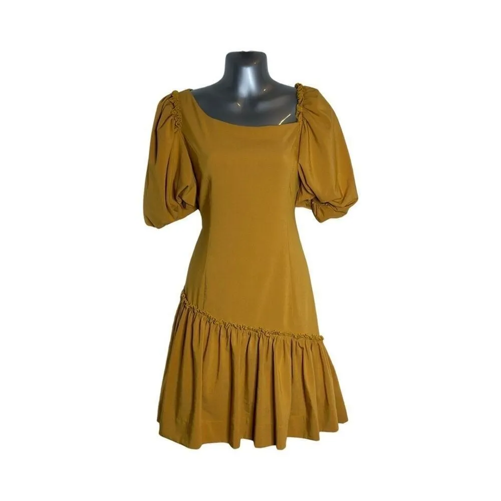 Marigold Line & Dot Ruffle Asymmetrical Puff Sleeve Yoko Mini Dress Size Small - Image 2
