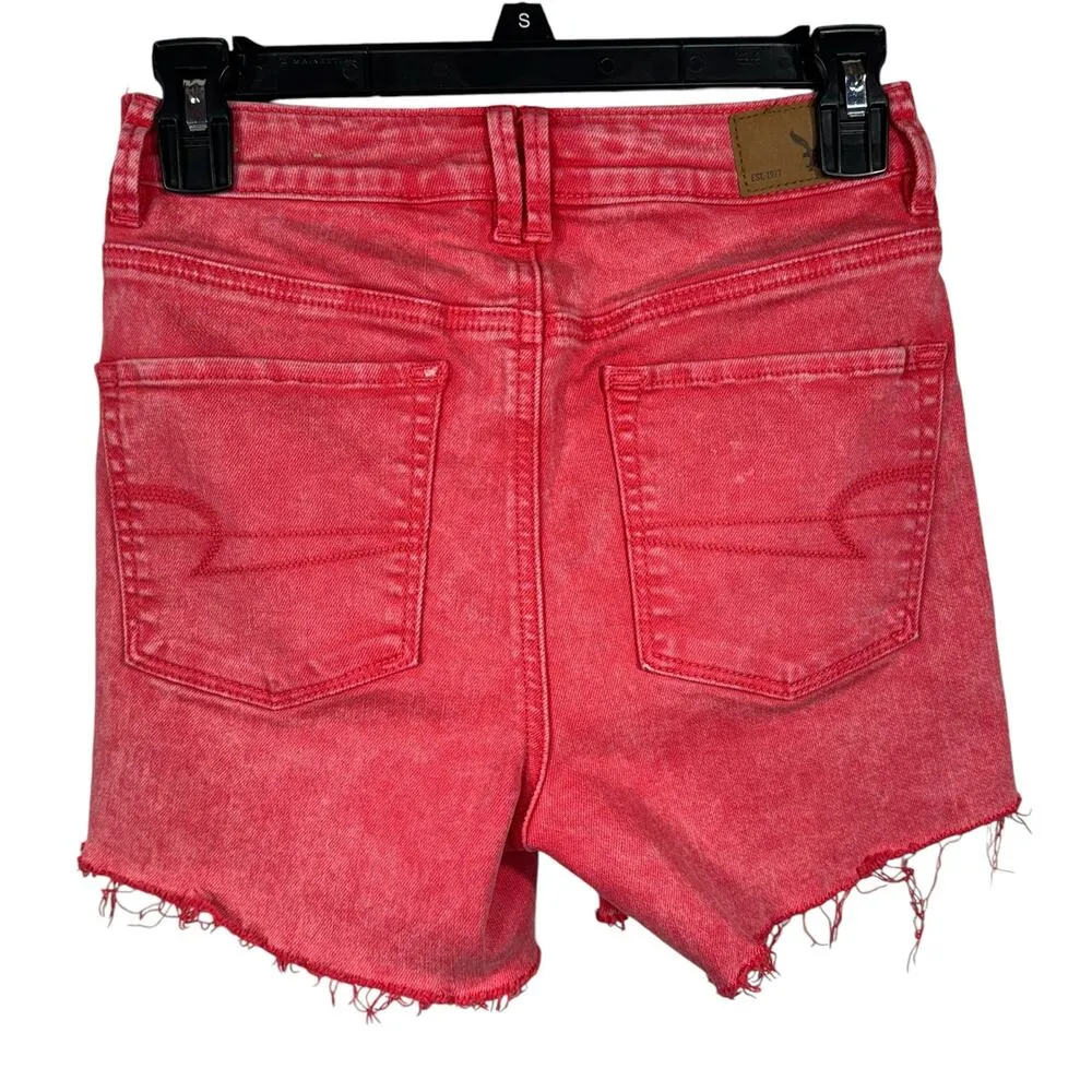 American Eagle SZ 2 Shorts Mid-Rise Stretch Zip-Fly Rear Frayed Hems Pink Wash - Image 2