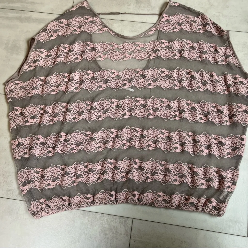 Free People Womens County Fair Blouse Top Sheer Taupe Pink Banded Bottom Size L - Image 10