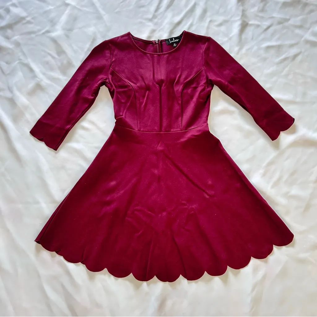 NWOT XS Lulus Maroon Scallop Trim Cumulonimbus Clouds Skater Dress Fit and Flare Red - Image 3