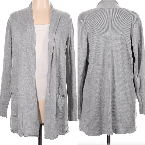 VERVE AMI Solid Gray Long Sleeve Open Front Rayon Classic Long Cardigan Sweater - Image 2