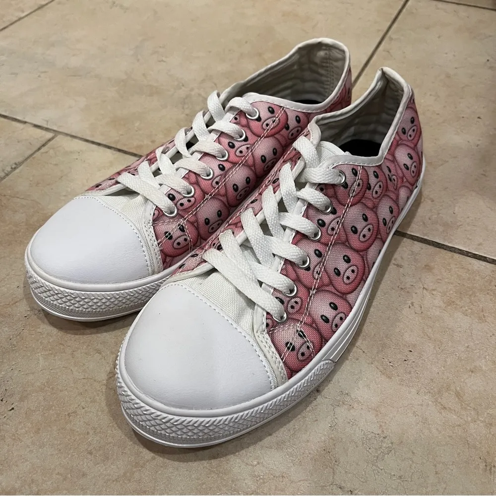 Pink Piggy Face Print Custom Low Top Tennis Shoes Sneakers W8 M9 Size 8 - Image 3