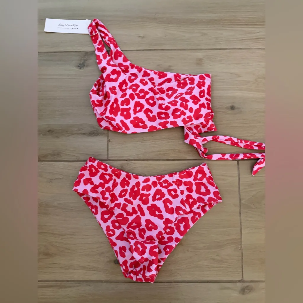 NEW 1 Shoulder High Waisted Bikini Tie One Shoulder High Cut 2 Pc M 8/10 - Image 4