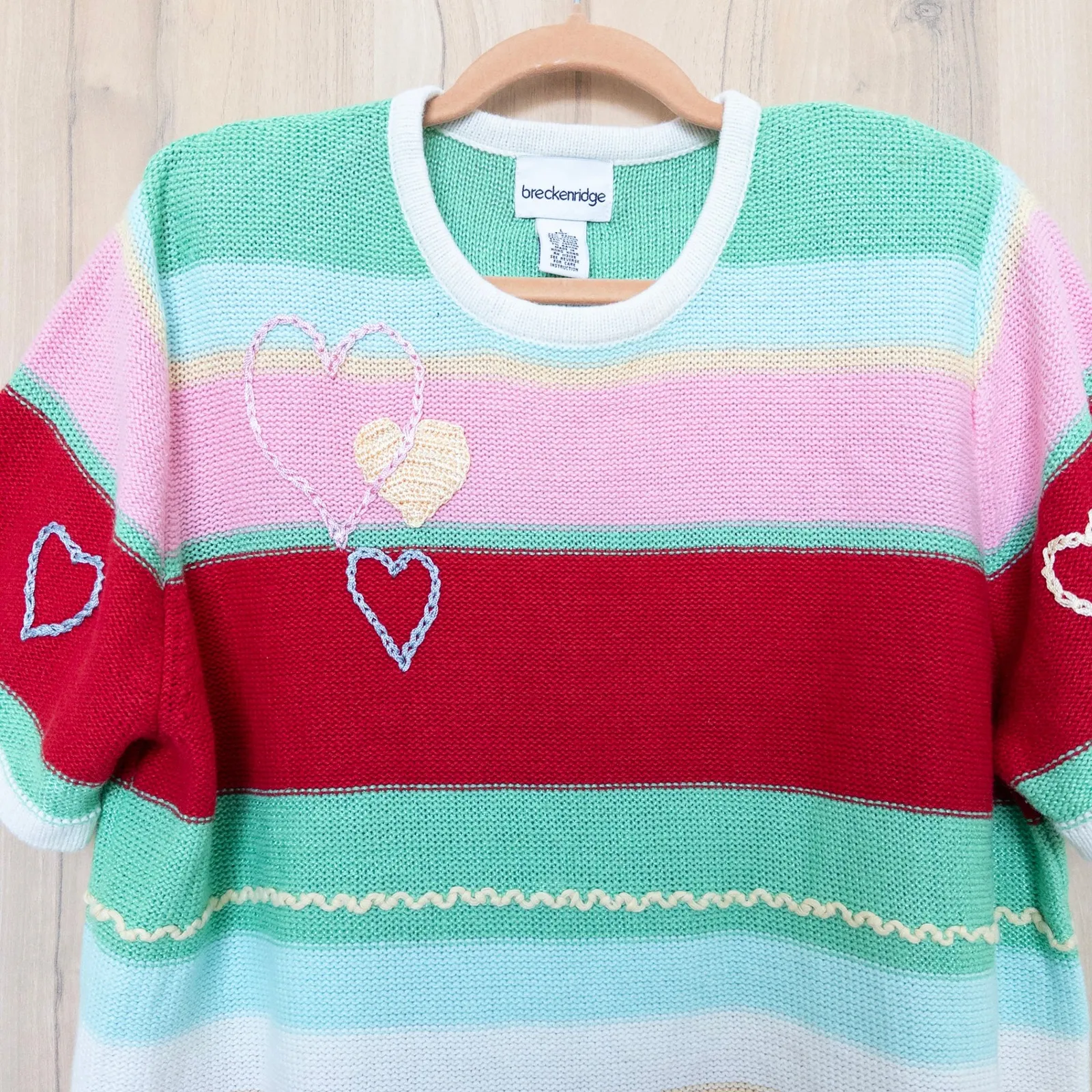 VTG Breckenridge Womens Striped Sweater Size L Hearts Short Sleeve Valentines - Image 2