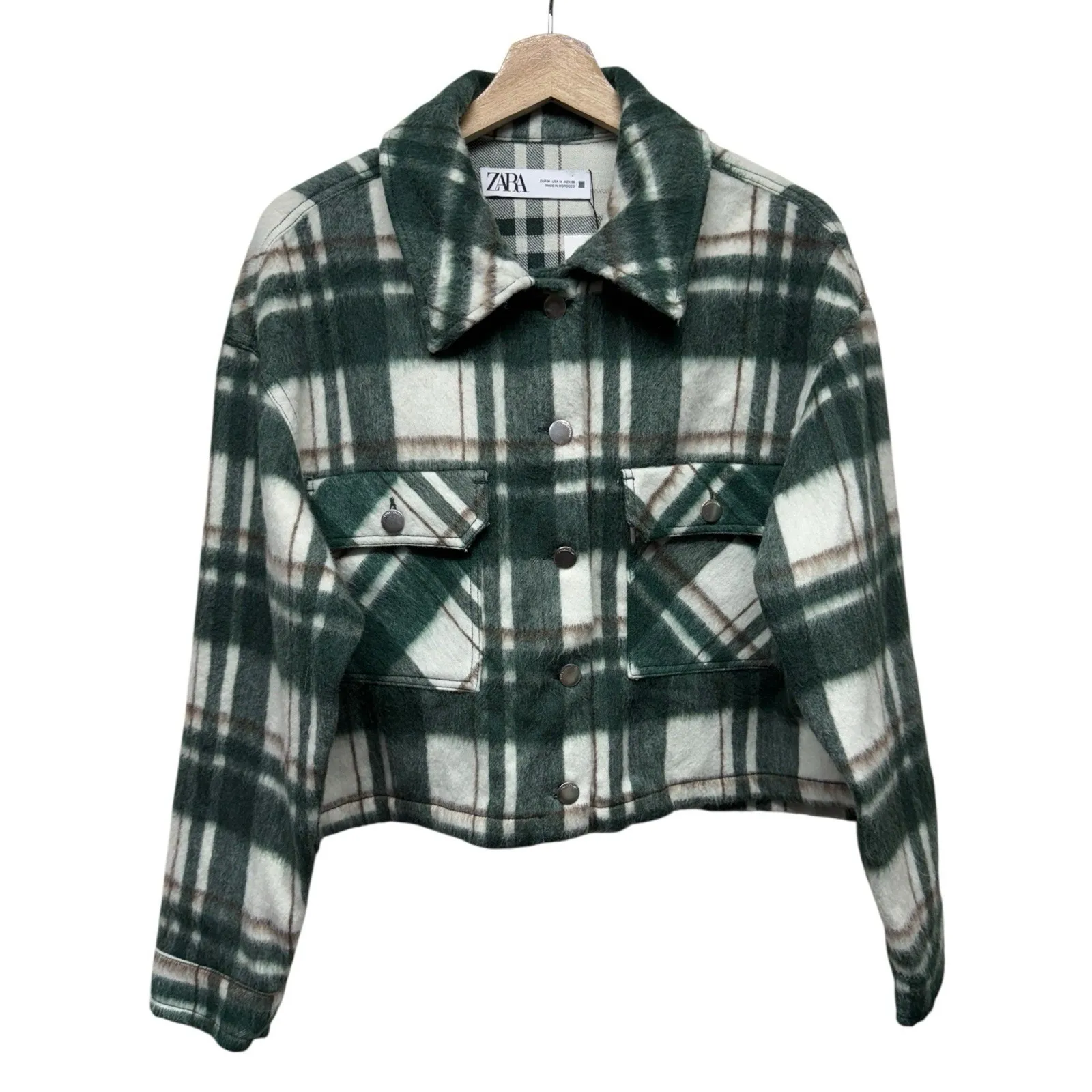 Zara Women Green Plaid Cropped Jacket Shacket Sz M‎ Button Up Cozy Wool Blend - Image 2