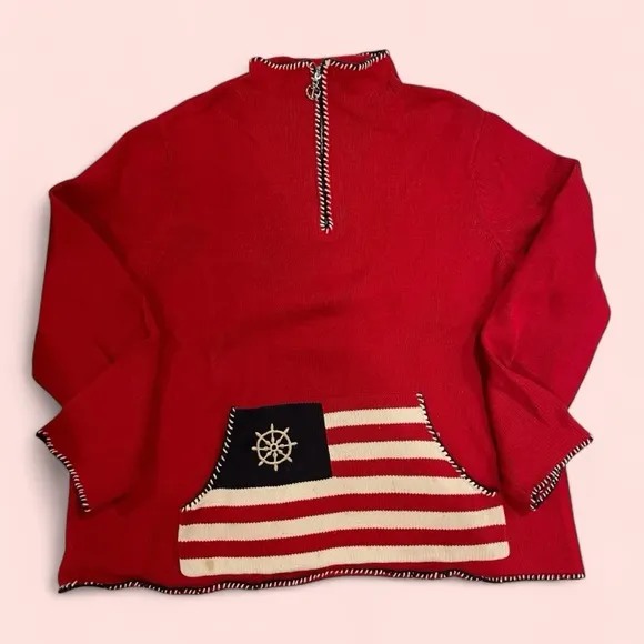 90’s-y2k Red 1/4 zip chunky nautical kangaroo pocket sweater USA flag striped - Image 2