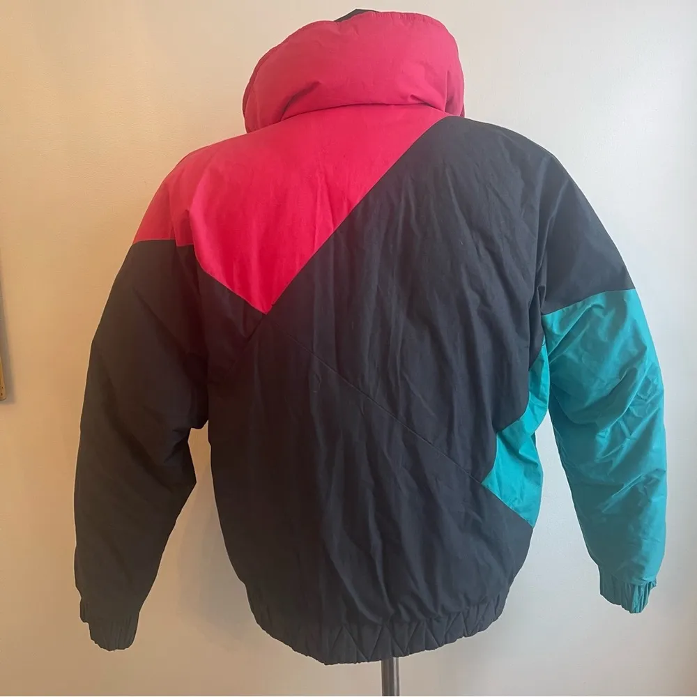 Vintage 80s 90s Profile Colorblock Goose Down Ski Jacket Medium Black Pink Aqua - Image 2