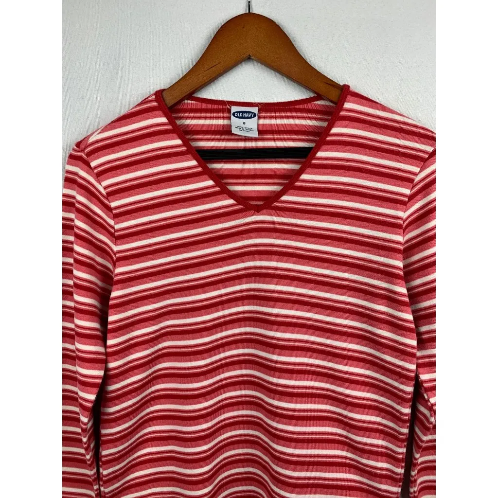 Old Navy Striped V-Neck Long Sleeve Top S Cotton Red & White - Image 2