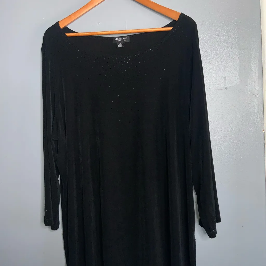 August Max Stretch Black Shiny Stud Embellished Long Sleeve Round Neck Top 5X - Image 2