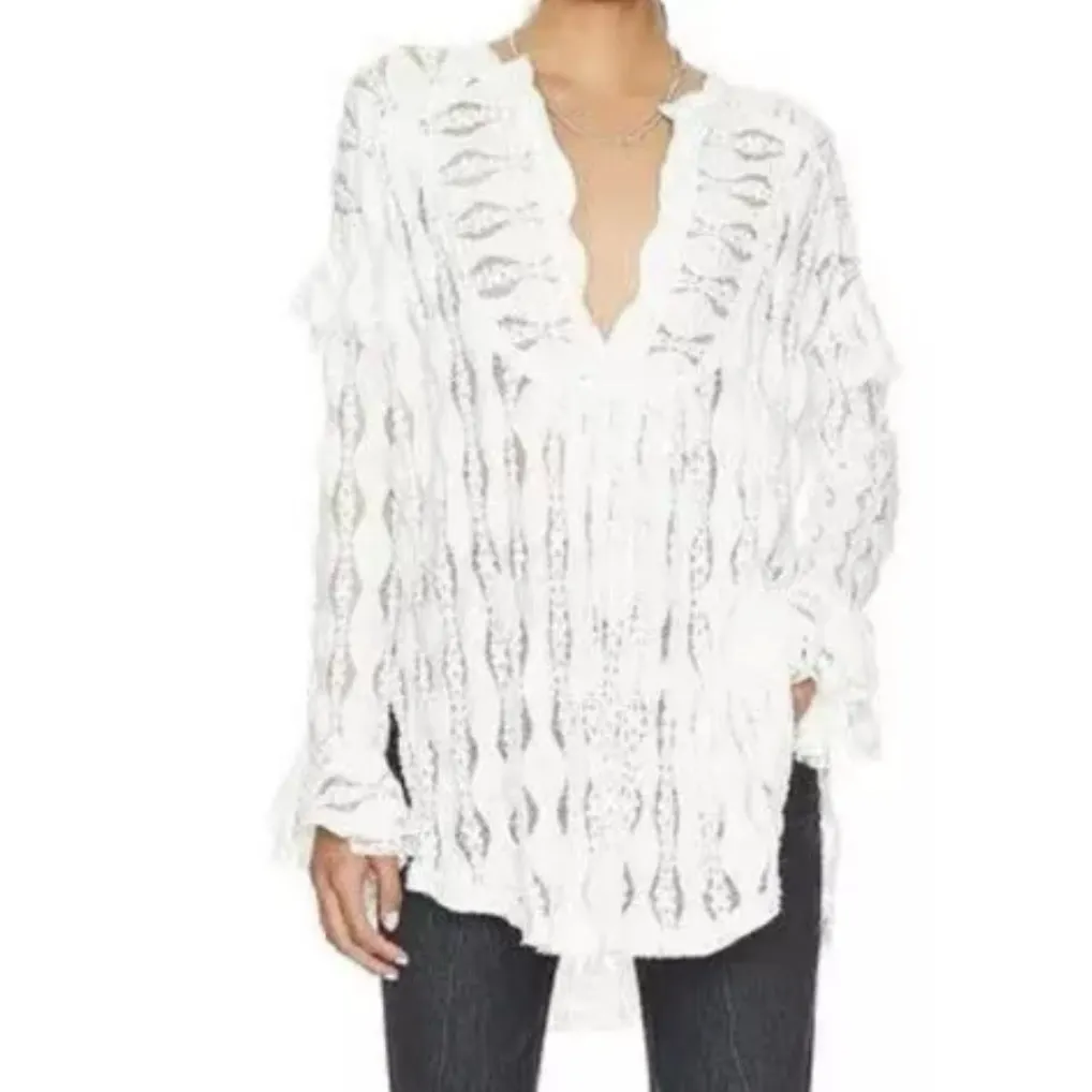 Free People White Sheer Lace Candy Shop Long Sleeve V Neck Oversized Tunic XS - Image 11