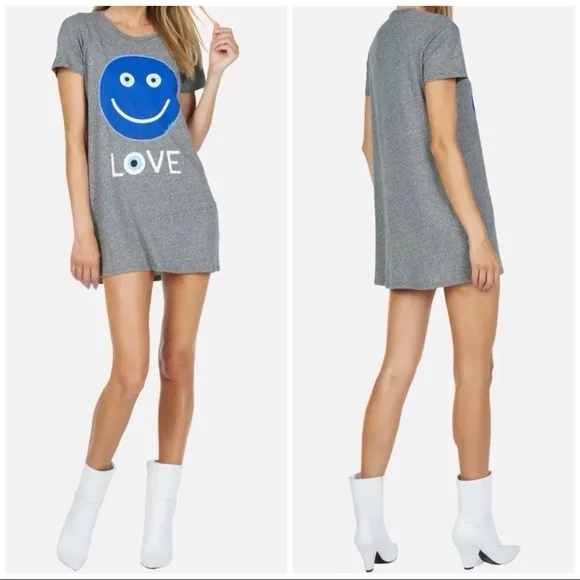 Lauren Moshi “Lana” Happy Smiley Face Love T-Shirt Grey Mini Dress Sz Small - Image 2