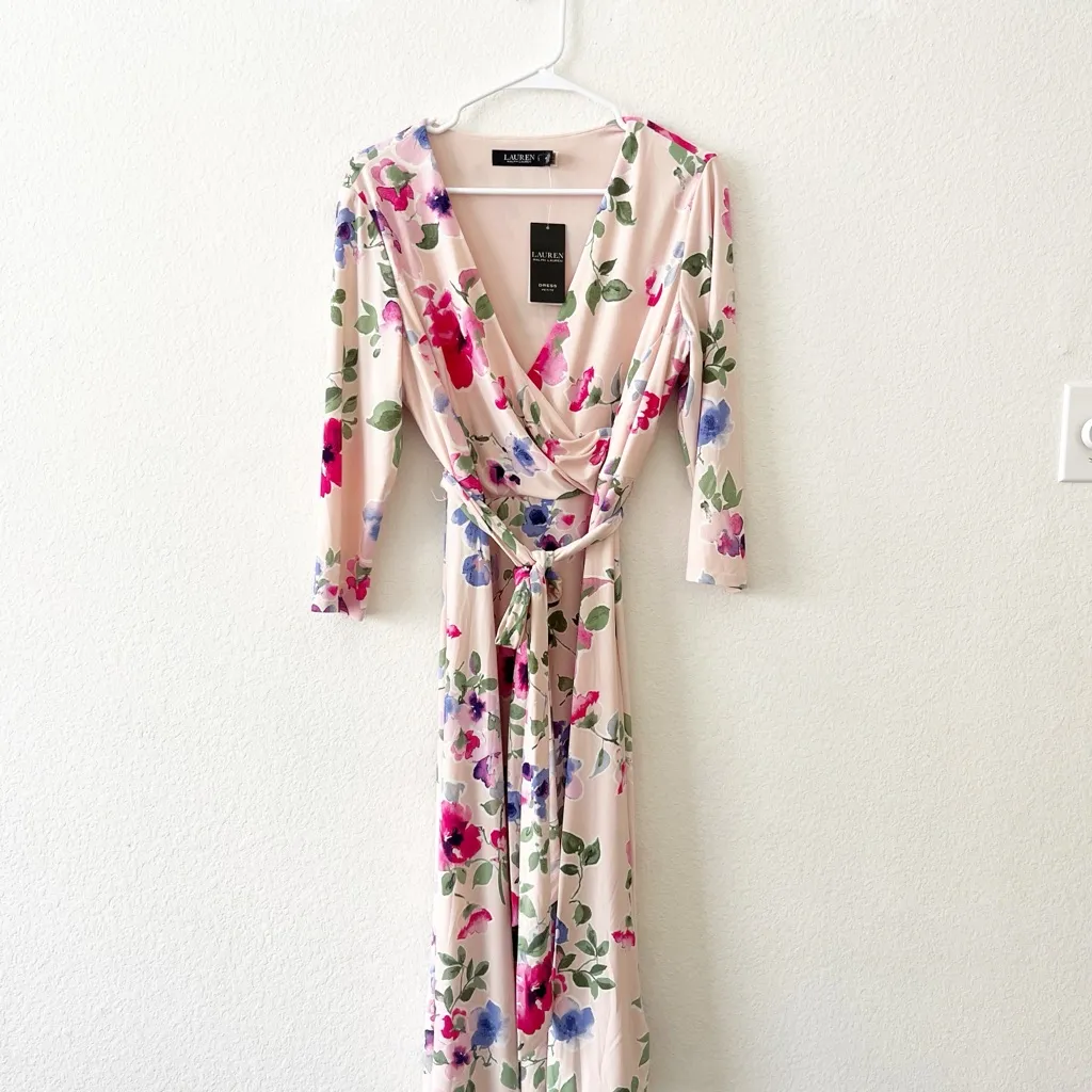 NWT Lauren Ralph Lauren Pink Floral Surplice Jersey Midi Dress‎ Size  14P - Image 3